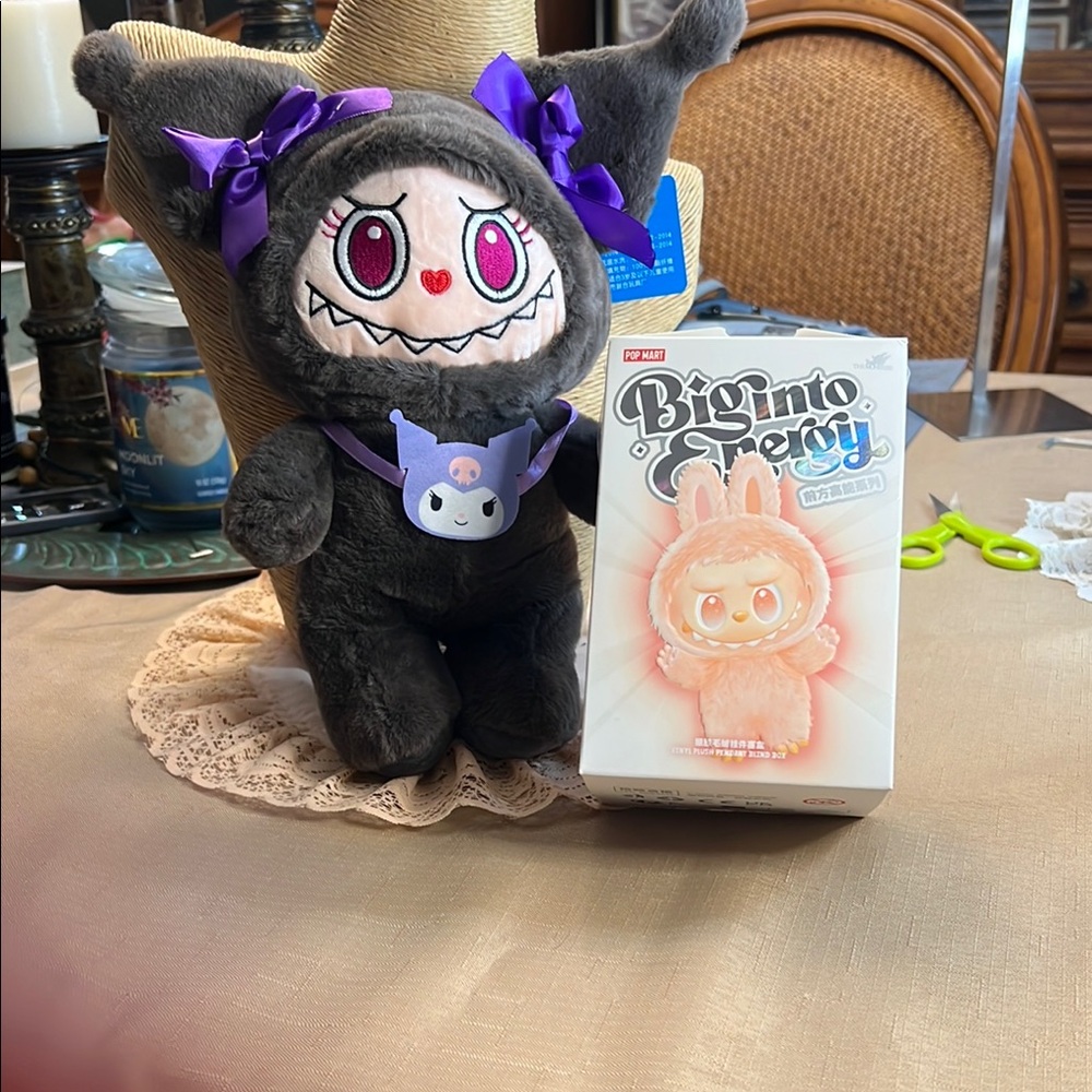 “Big into Energy” Labubu with Cute Grey Plush Monster and purple toy w bottle